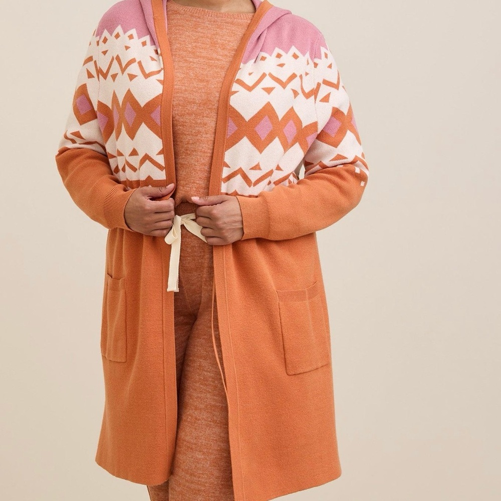 NWT Torrid Hooded Cardigan Duster Cinched Waist Orange Pink Print Boho Cozy Sz 2 - Picture 3 of 15